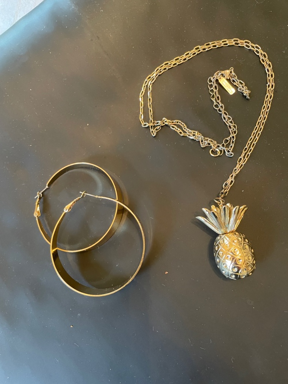 Gold Pineapple Pendant Necklace and Hoop Earrings Set - Gold